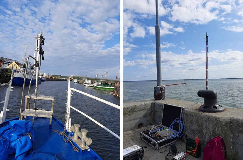 TriOS spectroradiometer installed on a boat to collect reflectance measurements of the Curonian Lagoon water and (right) hyperspectral ROX spectroradiometer measuring water reflectance every 5 minutes.
