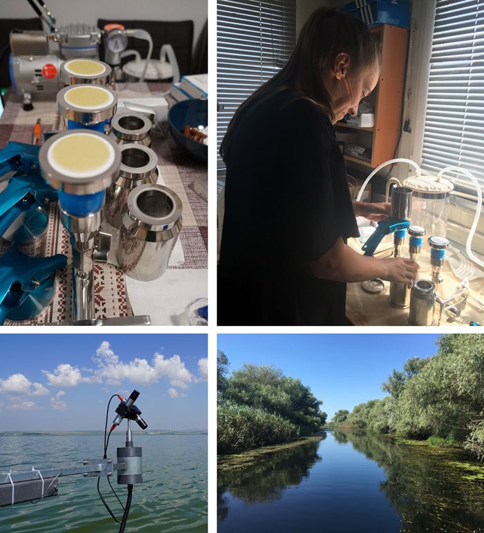 Top left: Chlorophyll a samples. Top right: Filtering water samples for total and inorganic suspended matter. Bottom left: The So-Rad system at work in the Razelm-Sinoe lagoon. Bottom right: A channel in the Danube Delta.