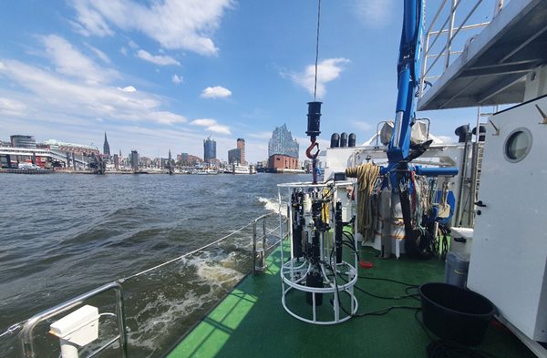 CTD and bottle sampling instruments mounted on a frame for in-water sampling